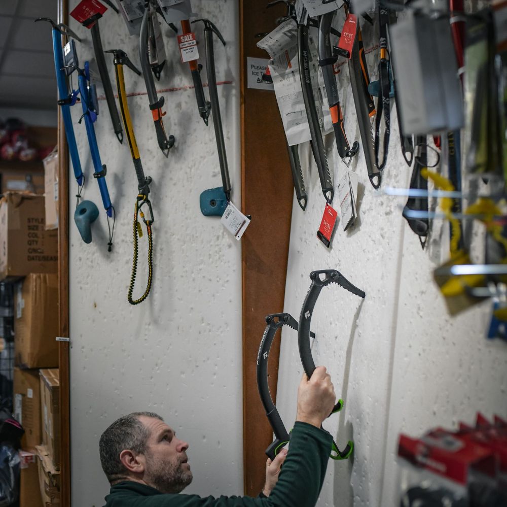 In store ice axe testing at Up and Under, Cardiff